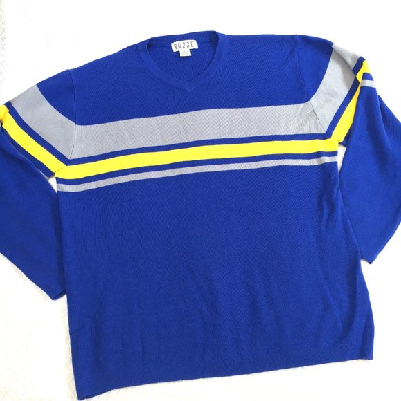 Badge Varsity V Neck Blue Yellow Long Sleeve Sweater - Picture 2 of 8